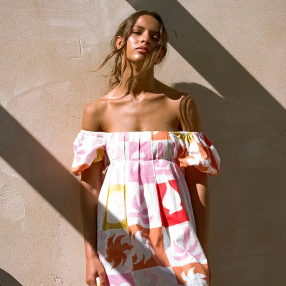 Zoi Babydoll Dress - Palm Tile Fuego - Picture 1 of 9